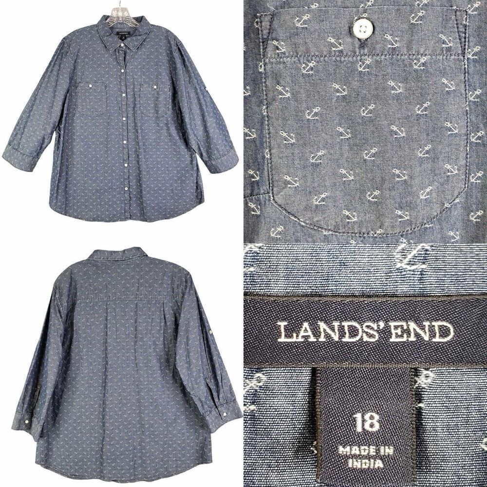 Lands End Button Down Shirt Cotton Long Sleeve Blue Nautical Women’s Size 18
